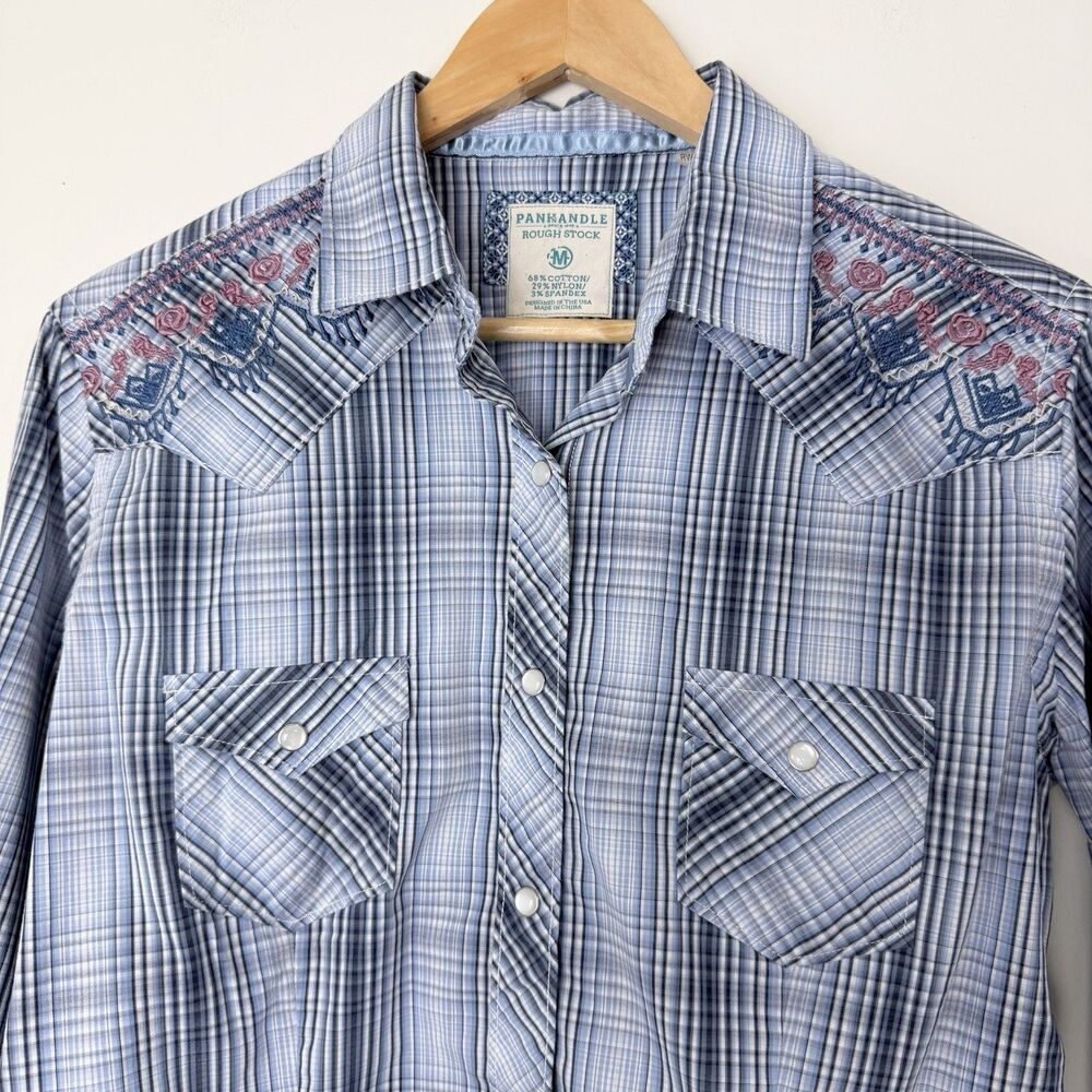 Panhandle Slim Rough Stock Pearl Snap Western Shirt Blue Plaid Women’s M Rodeo